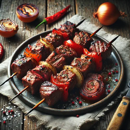 Gegrilde Rundsbrochetten met Paprika en Ajuin op rustieke houten tafel