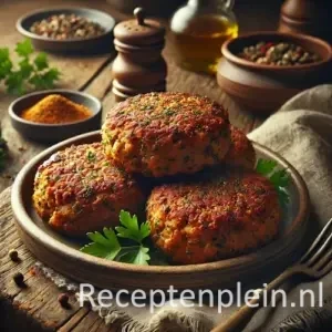 Gekruid kipgehakt met kruidenmix op rustieke houten tafel