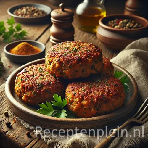 Gekruid kipgehakt met kruidenmix op rustieke houten tafel