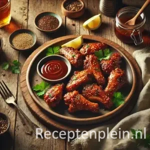 Gemarineerde kippenvleugeltjes met dipsaus op houten tafel
