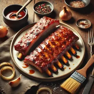 Gemarineerde varkensribbetjes van de barbecue met honing en kruiden op rustieke houten tafel