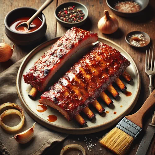 Gemarineerde varkensribbetjes van de barbecue met honing en kruiden op rustieke houten tafel