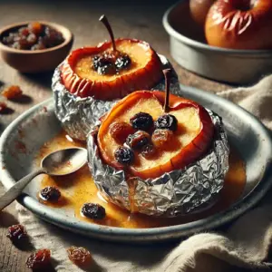 Gepofte Appels met Rum-Rozijnen op rustieke houten tafel