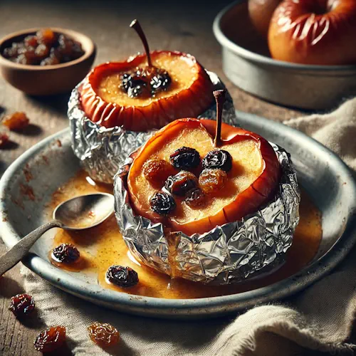 Gepofte Appels met Rum-Rozijnen op rustieke houten tafel
