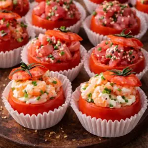 Geholde tomaatjes gevuld met tonijn en garnalensalade, geserveerd in papieren cakevormpjes op een rustieke houten tafel.