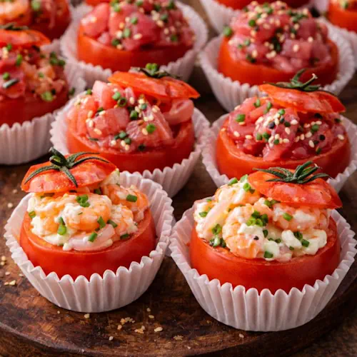 Geholde tomaatjes gevuld met tonijn en garnalensalade, geserveerd in papieren cakevormpjes op een rustieke houten tafel.
