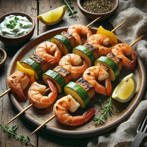 Griekse Viskebabs met Frisse Tzatziki op rustieke houten tafel
