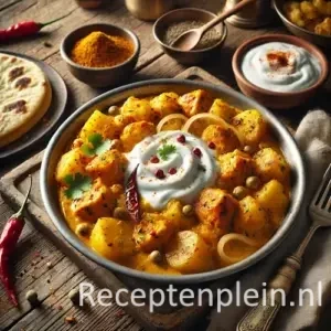 Indiase aardappelschotel met kip en yoghurt op rustieke houten tafel