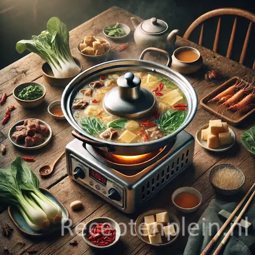 Kantonese fondue op rustieke houten tafel