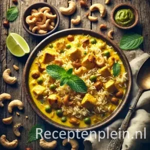 Kerrierijst met kip, munt en cashewnoten op rustieke houten tafel