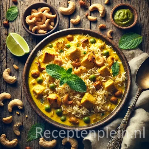 Kerrierijst met kip, munt en cashewnoten op rustieke houten tafel