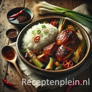 Ketjapkip met sambalprei en rijst op rustieke houten tafel