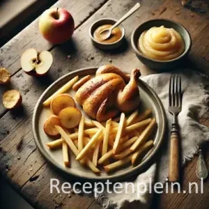 Chicken, fries and applesauce on rustic wooden table