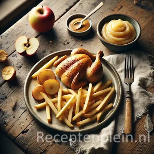 Chicken, fries and applesauce on rustic wooden table