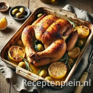 Chicken stuffed with lemon and olives on rustic wooden table