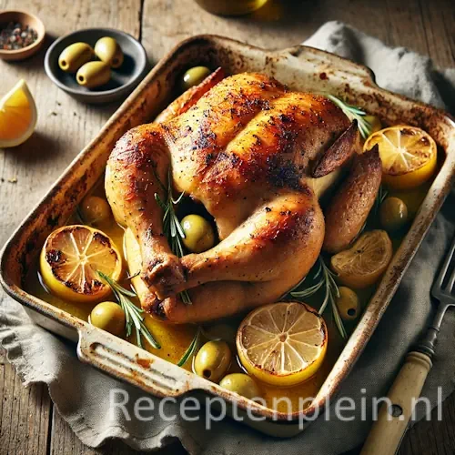 Chicken stuffed with lemon and olives on rustic wooden table
