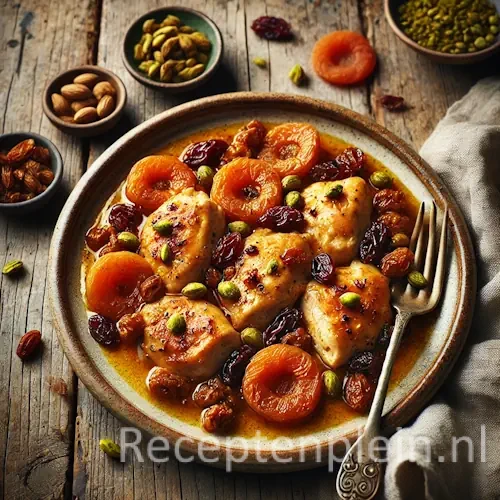 Kip met abrikozen, rozijnen en pistachenootjes op rustieke houten tafel