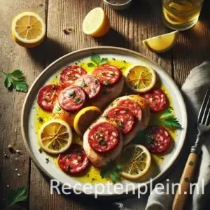 Kip met salami en citroen op rustieke houten tafel