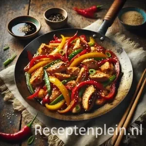 Kipfilet uit de wok met paprika op rustieke houten tafel