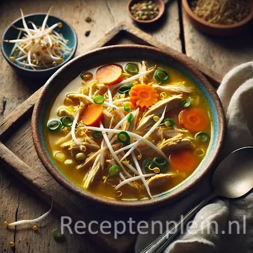 Kippensoep met kerrie en taugé op rustieke houten tafel