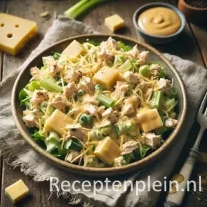 Kipsalade met kerrie-kaasdressing op rustieke houten tafel