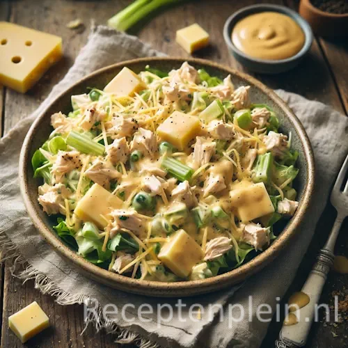 Kipsalade met kerrie-kaasdressing op rustieke houten tafel