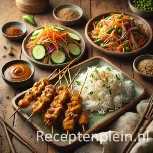 Kipsaté met atjar rijstsalade op rustieke houten tafel