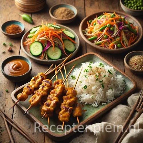 Kipsaté met atjar rijstsalade op rustieke houten tafel