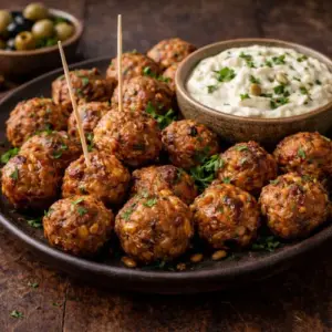 Spicy gehaktballetjes geserveerd met een romige olijvendip, gepresenteerd op een rustieke houten tafel – perfect als warm borrelhapje.