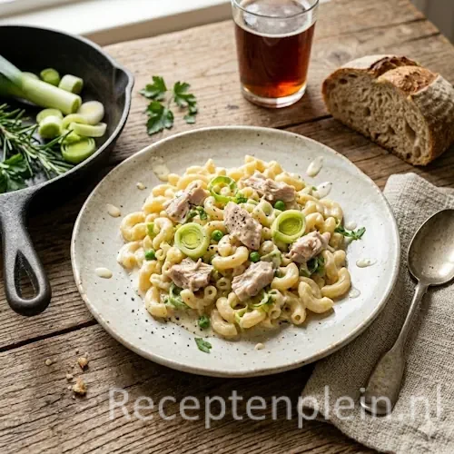 Macaroni met kip, prei en roomkaas op rustieke houten tafel