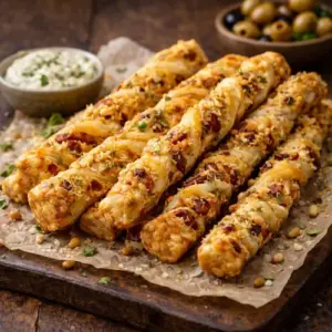 Knapperige bladerdeegstengels gevuld met oude kaas, zongedroogde tomaatjes, pijnboompitten en oregano, geserveerd op een rustieke houten tafel met olijven en een frisse kruidendip.