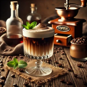 Mexicaanse koffiecocktail in een gekoeld glas, met een romige mix van koffielikeur en crème de menthe, geserveerd over ijsblokjes, gegarneerd met een takje verse munt en een vleugje cacaopoeder, op een rustieke houten tafel met koffiebonen en een fles likeur op de achtergrond.