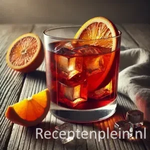Negroni cocktail op een rustieke houten tafel.