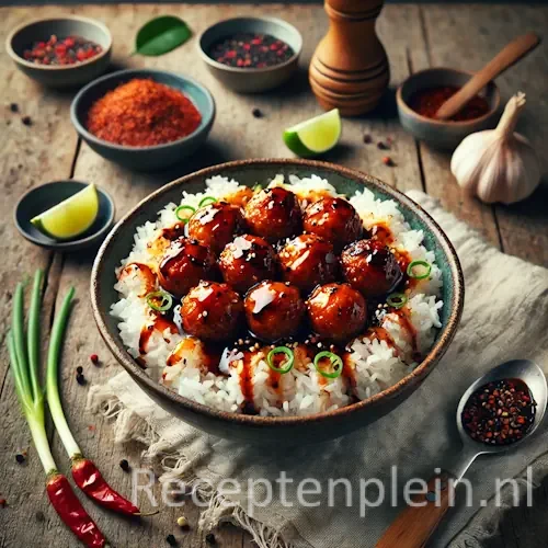 Oelek gehaktballetjes en zoete sojarijst op een rustieke houten tafel