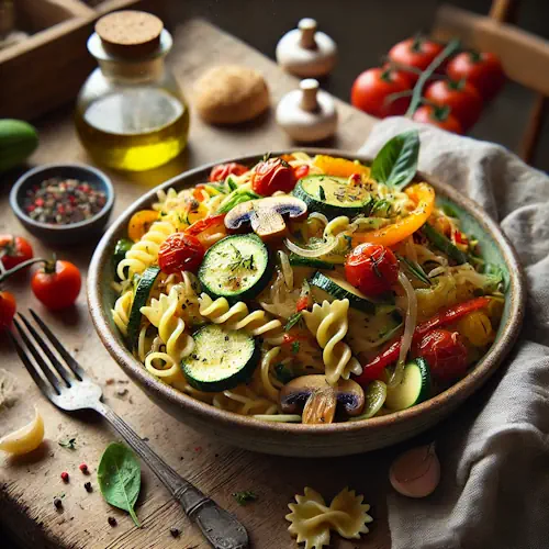 Pasta met Italiaanse roerbakgroente op rustieke houten tafel
