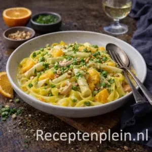 Pasta met asperges en sinaasappelsaus op rustieke houten tafel