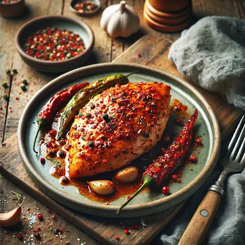 Pittig gemarineerde kipfilet op rustieke houten tafel
