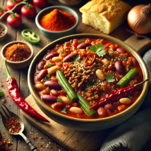 Mexicaanse bonenschotel met rundergehakt en drie soorten bonen, geserveerd als een rijke bonenchili met rundvlees in een rustieke schaal, omringd door paprika, ui en chilipeper – een smaakvol chili met bonen recept en het perfecte comfortfood voor de herfst.