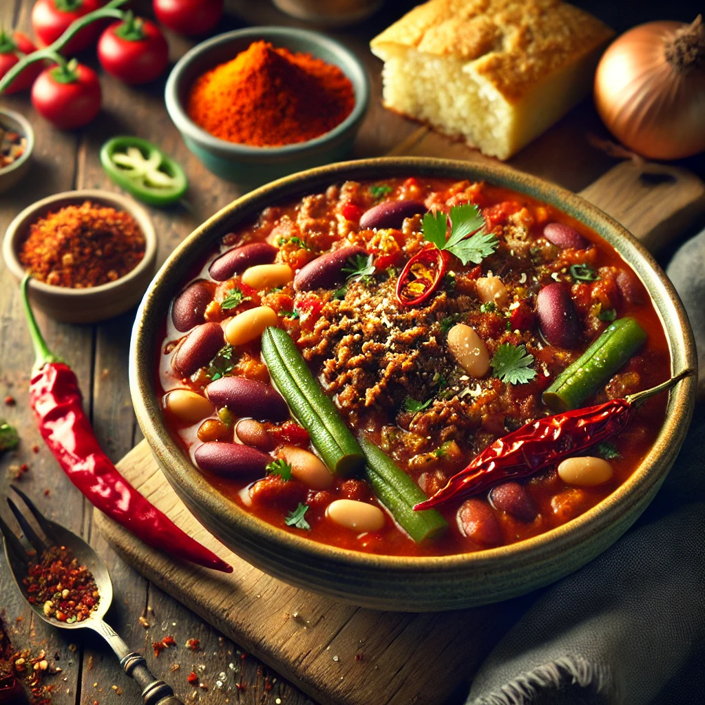 Mexicaanse bonenschotel met rundergehakt en drie soorten bonen, geserveerd als een rijke bonenchili met rundvlees in een rustieke schaal, omringd door paprika, ui en chilipeper – een smaakvol chili met bonen recept en het perfecte comfortfood voor de herfst.