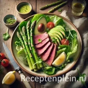 Witlofsalade met rosbief en citroenvinaigrette op rustieke houten tafel