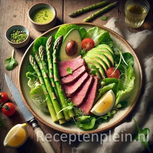 Witlofsalade met rosbief en citroenvinaigrette op rustieke houten tafel
