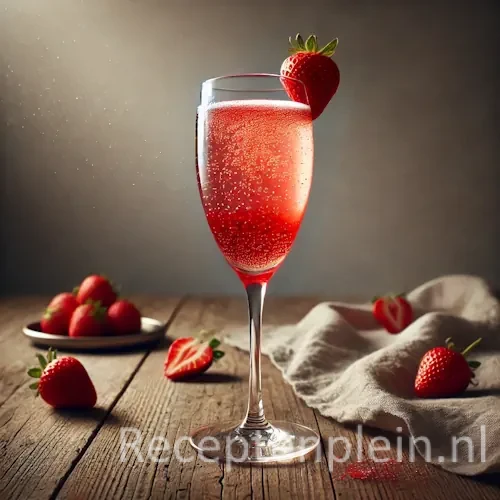 Rossini cocktail op een rustieke houten tafel.