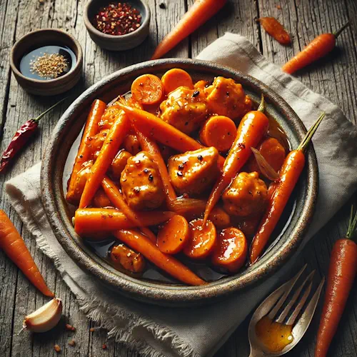 Sambal manis worteltjes met kip op een rustieke houten tafel