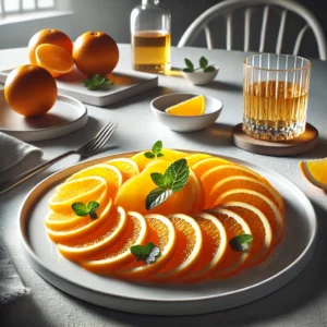 Sinaasappelsalade met dunne schijfjes sinaasappel, licht besprenkeld met tequila en gegarneerd met verse muntblaadjes, gepresenteerd op een wit porseleinen bord in een minimalistische, stijlvolle setting met een glas tequila en een verse sinaasappel op de achtergrond.