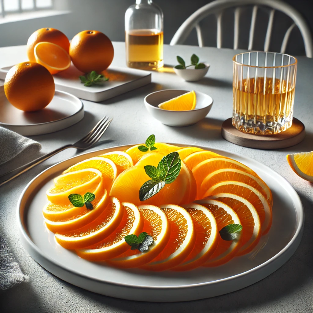 Sinaasappelsalade met dunne schijfjes sinaasappel, licht besprenkeld met tequila en gegarneerd met verse muntblaadjes, gepresenteerd op een wit porseleinen bord in een minimalistische, stijlvolle setting met een glas tequila en een verse sinaasappel op de achtergrond.