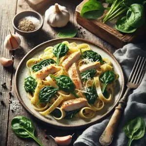 Tagliatelle met gerookte kipfilet en spinazie op rustieke houten tafel