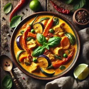 Thaise currykip 1 op rustieke houten tafel