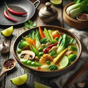 Thaise groentesoep uit de wok op rustieke houten tafel