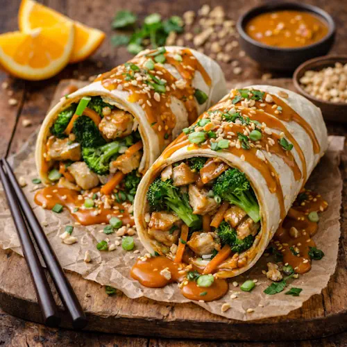 Wokroll met kip en broccoli in sinaasappel pindasaus op rustieke houten tafel