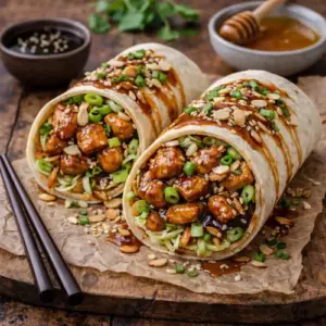 Wok roll met teriyaki honing kip, prei en amandelen op rustieke houten tafel
